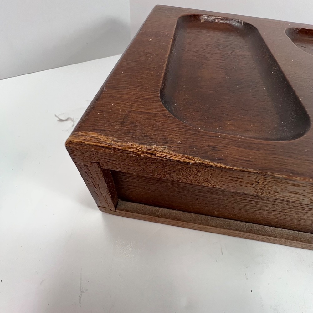 Vintage wood valet jewelry box with drawer ornate handle sunken depressions top - Picture 11 of 13